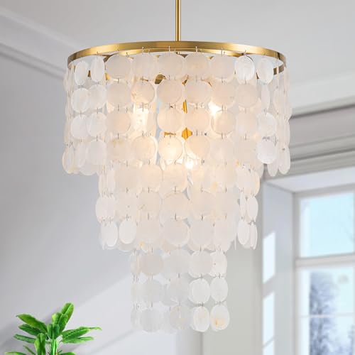 LumFurn 4-Lights Capiz Shell Chandeliers, 3-Layer Modern Pendant Light Fixture for Dining Room, Living Room, Bedroom, D17.7 x H27.5~59'(Adjustable), True Shell Strand & Gold Finish Frame