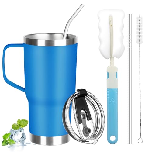 Image of 20 oz Tumbler with Handle, Stainless Steel Insulated Tumbler with Lid and Straw, Double Wall Vacuum Coffee Mug Tumbler, Insulated Coffee Thermal Cup for Cold and Hot (Sea Blue)