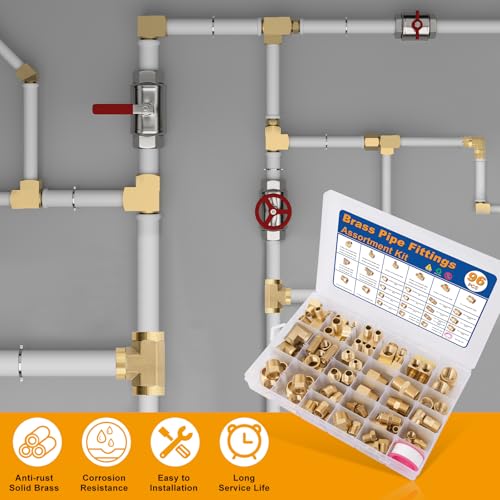 Image of KOOTANS 96PCS Brass Pipe Fittings Assortment Kit - NPT Adapter, Reducer Bushing, Hex Nipple, Coupling, Head Plug, 45 & 90 Degree Barstock Street Elbow, Tee Fittings Kit