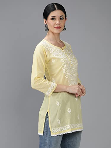 Image of Seva Chikan Hand Embroidered Lucknowi Chikankari Cotton Short Top Tunic for Women SCL9017