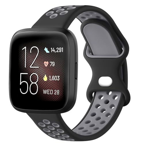 Vanjua Breathable Band for Fitbit Versa 2 Bands Women Men Soft Silicone Replacement Wristbands Sport Strap Compatible with Fitbit Versa 2 / Fitbit Versa / Versa Lite / Versa SE Smartwatch Accessories (Black/Gray)