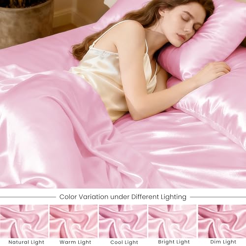 Image of Love's cabin Satin Full Sheets Set - 6 Piece Pink Silky Bed Sheets Set with Deep Pocket, Luxury Silk Feel Satin Full Size Sheet Set (1 Flat Sheet, 1 Fitted Sheet, 4 Pillow Cases)