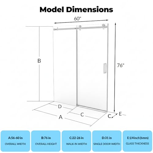 Image of Frameless Sliding Shower Door,56-60 in w x 76 in h Waterproof Glass Shower Door,1 /4 in Thick Tempered Clear Glass with Explosion-Proof Film,Handle and Seal Strip, Brushed Nickel