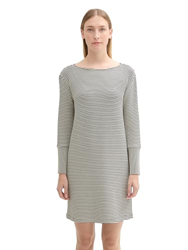 Tom Tailor Damen Jersey Kleid mit Struktur,36146 - White Navy Stripe, 44