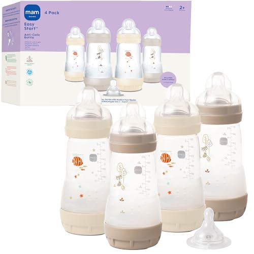 Image of MAM 9oz Easy Start Anti-Colic Wide Neck Baby Bottle, Medium Flow Breastfeeding-Like Nipple, Reduces Colic Gas & Reflux, Easy to Clean, BPA Free, 2+ Months, Bonus Fast Flow Nipple, 4 Pack