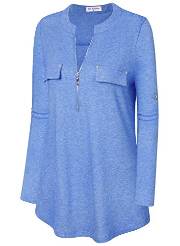 Image of Bulotus 3 /4 Length Sleeve Womens Striped Tops Zipper V Neck Collared Blouses Business Casual Tunics 2026 Spring Trendy