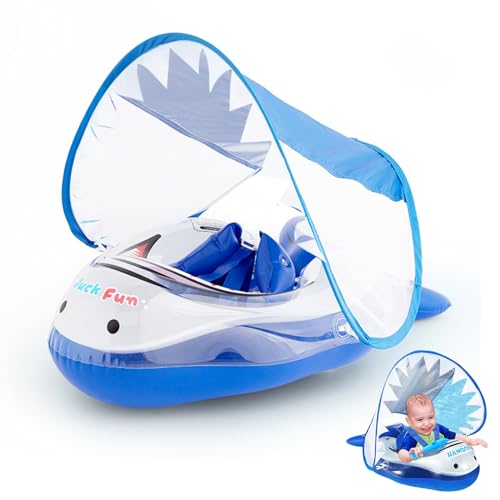 Flutuador bebé com guarda-chuva, tubarão flutuante para bebés 6-24 meses uma bomba de proteção UPF 50, removível, duplo airbag, boias para bebé azul flutuante insuflável natação bebé menino menino