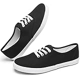 Womens White Canvas Sneakers Low Top Lace-up Canvas Shoes Lightweight Casual Tennis Shoes(Black.US8)