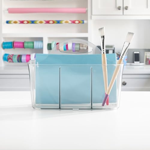 Image of mDesign Plastic Portable Craft Storage Organizer Caddy Tote, Divided Basket Bin w /Handle - Craft, Sewing, Art Supplies - Holds Brushes, Colored Pencils - Lumiere Collection - Clear, 2 Pack