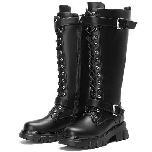 Women Platform Combat Knee High Boots Lace Up Lug Sole Riding Boots Buckle Motorcycle Boot with Zipper Fall
