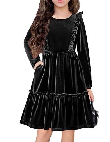Arshiner Girls Dress Long Sleeve A Line Ruffled Smocked Casual Dress with Pockets 13-14 Years Black