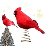 Red Cardinal Christmas Tree Topper, 12 Inch Artificial Feathered Bird Ornament with Metal Spring Base, Holiday Decoration (Red)