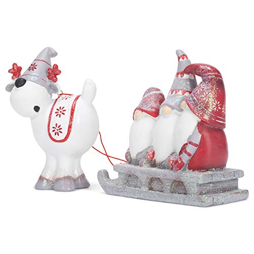 Grey And Red Nordic Gnomes On Sleigh And Reindeer 7 Inch Resin Holiday Table Top Figurine Decoration 2 Piece Set #TOP4
