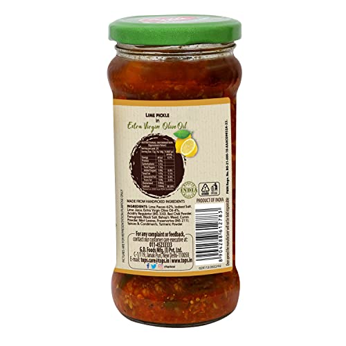 Image of TOPS Olive Oil Lime Pickle - 370 gm Glass Jar | Perfect blend of select seasonal vegetables in extra virgin olive oil and aromatic spices