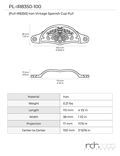 Rch Hardware Black Finish Iron Decorative Drawer Pull Spanish Cup 8350Blk, Black Matching Screws Included #TOP2