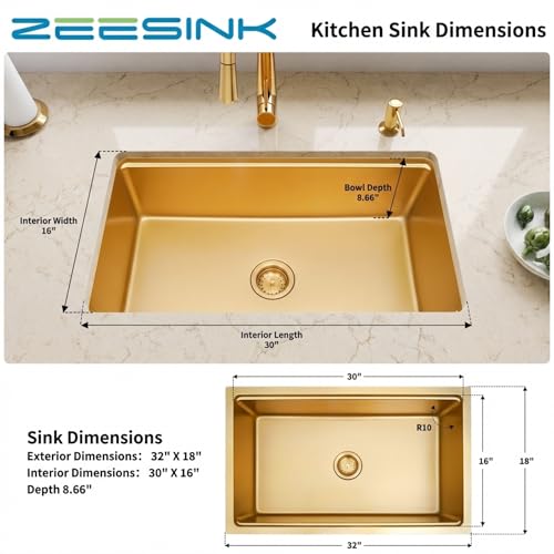 Image of 32 inch Gold Undermount Kitchen Sink,Single Bowl Modern Kitchen Sink,Stainless Steel Workstation Sinks (Gold, 32 X 18 inch)