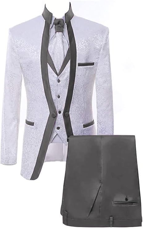 Paisley Slim Fit White Premium Floral Tuxedo Prom Wedding Groom 3 Pieces Suits