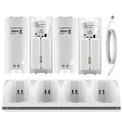 CICMOD Charging Station Battery Charger for Wii, 4 Rechargeable 2800mAh Batteries for Wii Remote Controller White
