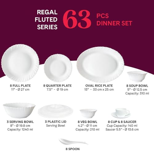 Image of Larah by Borosil Regal Fluted Series Opalware Dinner Set | 63 Pieces for Family of 8 | Microwave & Dishwasher Safe | Bone-Ash Free | Crockery Set for Dining & Gifting | Plates & Bowls | White