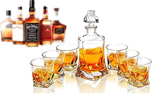 Image of Whiskey Decanter & Glasses Set, Large Lead-Free Crystal Glass, Tasting Cups Scotch Old Fashioned Glass, Wine Bottle for Drinking Irish Whisky, Bourbon, Tequila (Twist, 1 Decanter & 6 Glasses Set)