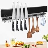 Pailexin 17 inch magnetic knife holder with 10 hooks, No Drilling black knife magnetic strip and utensil hanger for wall, Powerful knife magnet rack include tape and screws
