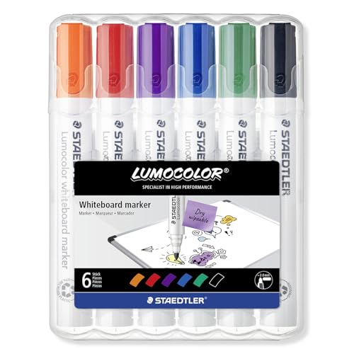 STAEDTLER Whiteboard Marker Lumocolor, trocken und rückstandsfrei abwischbar von Whiteboards, Rundspitze, ca. 2 mm Linienbreite, hohe Qualität, Set mit 6 Farben, 351 WP6