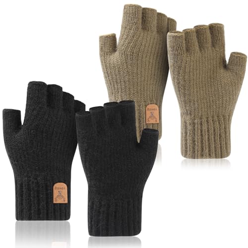 ViEinkaufen 2 Pair Fingerless Gloves For Men Women Winter Warm Thermal Fingerless Gloves Knitted For Running Biking Driving Working(Coffee+Black)