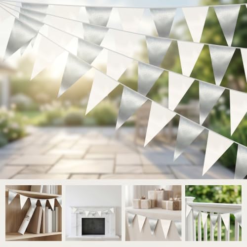 Image of 130FT White Silver Triangle Pennant Banner Flag Metallic Fabric Bunting Garland for Christmas Graduation Birthday Wedding Bridal Shower Nautical Ahoy Achor Theme Party Decorations Supplies