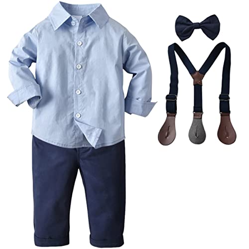 Image of SANGTREE Baby Boys Clothes, Dress Shirt with Bowtie + Suspender Pants, 6 Months - 6 Years
