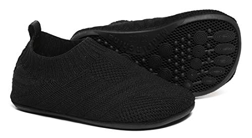 Image of QZKDM Indoor Outdoor Non-Slip Toddler Slippers Shoes Lightweight Kids First Walkers House Floor Shoes for Boys Girls with Rubber Sole Grip (QZKids2001AllBlack21)