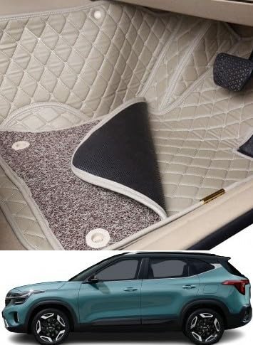Image of Minansh Foot Mats /Floor Mats Compatible with Skoda Superb 7D Luxury Leather Washable Car Floor Mat (Beige)
