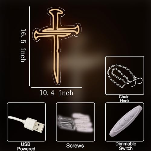Image of Three Nails Led Cross Neon Sign for Wall Decor,Nails Jesus Light Up Cross Neon Lights for Home Decoration Room Decor, Christian Religious Events Easter Gifts for Church Room Bedroom Believers