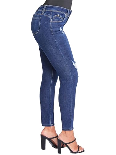 YMI Women's Juniors Mid-Rise Wannabettabutt Skinny Jeans, Midnight Sky Blue Rips, 92