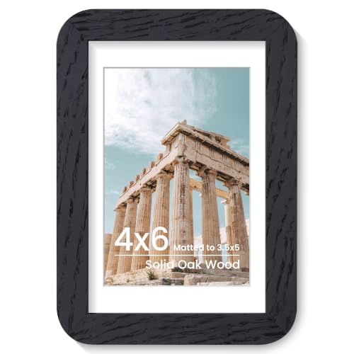 FLYJOE 4x6 Solid Oak Wood Picture Frame | 4x6 With Mat For 3.5x5 | Plexiglass Hanging Hardware Included | Black, 1 Pack