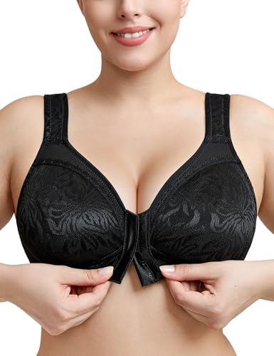 Image of Wingslove Women's Front Closure Minimizer Bra Full Coverage Wirefree Comfort Plus Size Racerback Jacquard Non Padded