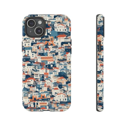 Coque rigide iPhone 15 Plus bleu maisons urbaines idéale en ville ou au bureau
