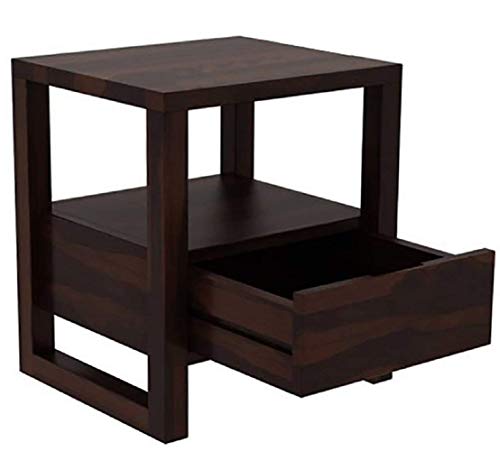 Image of Sheesham Wood Bed Side Table with 1 Drawer & Shelf Storage Wooden Nightstand End Table for Bedroom Home (Walnut)