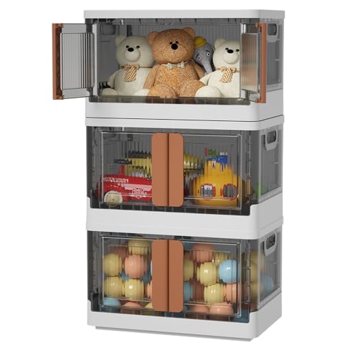 HAIXIN Storage Boxes with Lids - Collapsible Bin, Really Useful Box, 45L Plastic Stackable Organiser Storage and Organization, Foldable Container with Door,Suitable for Toy Bedroom Living Room(3 Pack)
