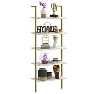 5 Tiers Ladder Shelf White Marble Modern Bookshelf Open Tall Wall Mount Bookcase Standing Leaning Wall Shelves Industrial Decorative