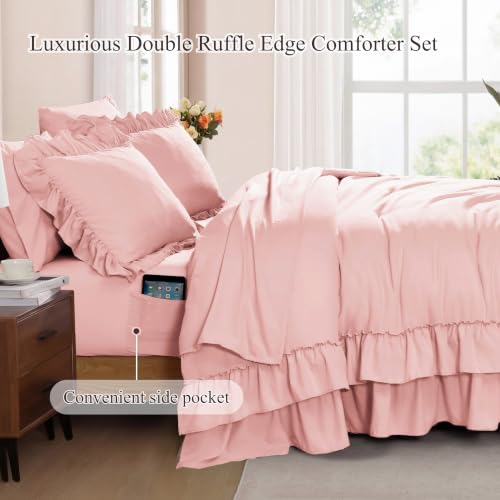 Image of King Size Comforter Set Rosewater Ruffle 7 Pieces Farmhouse Bed in a Bag | Shabby Chic Fluffy All Season Bedding Sets with Sheets, Pillowcases & Shams