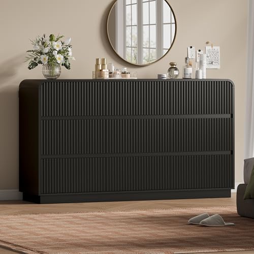 Image of Wodeer Black Dresser Fluted 9 Drawers Dresser for Bedroom, 59 inch Wide Wood Chest of Drawers with Hidden Handles & Rounded Corners, Modern TV Stand Storage Cabinet for Living Room, Hallway, Entryway
