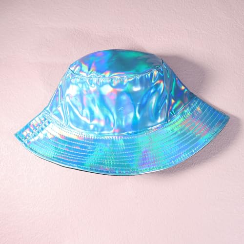 Image of Unisex Black Bucket Hat Waterproof Rain Hat Reversible Shiny Rave Bucket Hat for Concert Festival