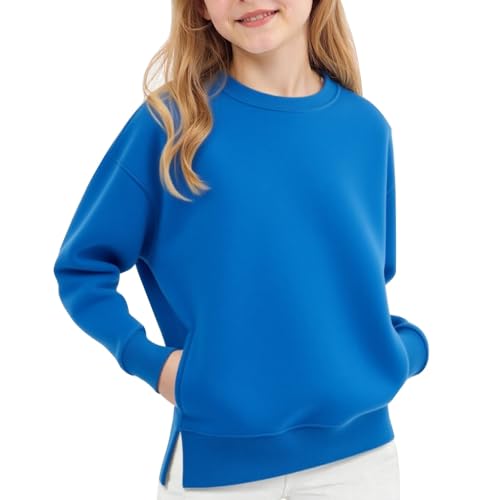 Kids Girls Loose Thermal Pullover Sweatshirts Solid Color Long Sleeve Comfy Casual Tees Fall Warm Thick Tops Pockets