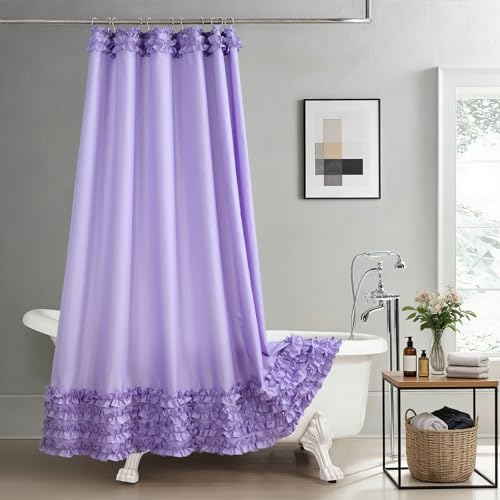 DS BATH Purple Ruffle Shower Curtain, Girls Women Fabric Shower Curtain with Delicate Handcrafted Ruffles, Waterproof Ruched Farmhouse Decorative Bathroom Curtain, 72" W x 72" H