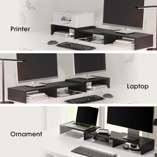 FITUEYES Dual Monitor Stand â€“ 3 Shelf Computer Monitor Riser, Wood Desktop Stand with Adjustable Length and Angle, Desk Accessories, Office Supplies Medium Black,DT108001WB