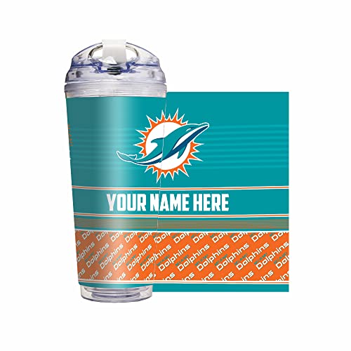 Rico Industries NFL Football Miami Dolphins 24oz Personalized Tumbler W/Hinged Lid - Team Colored Travel Tumbler - Keeps Drinks Cold or Hot