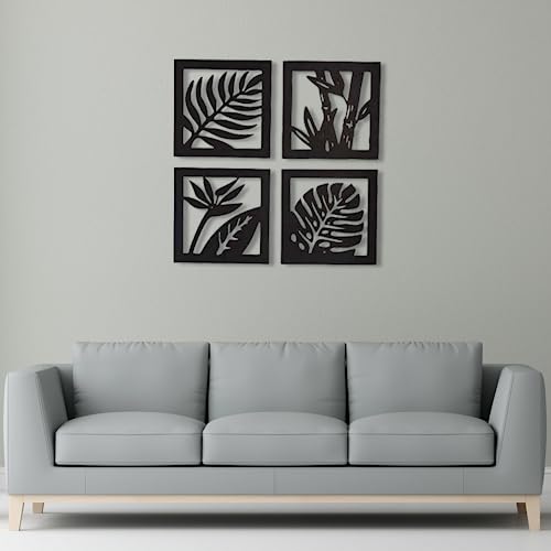 Image of 7 Decore Wooden 4 Pieces Square Tree Leaf Wall Art Panel Frame | Wall Hanging Decoration Items for Living Room, Bedroom, Drawing Room, Dining Room, Stairs, and Office. (Black) (Big Size)