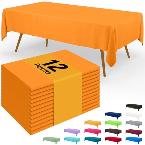Image of Smiry Disposable Table Cloth - 12 Pack, 54 x 108 Inch Waterproof Rectangle Tablecloths for Parties, Decorative Plastic Table Cover, Leakproof & Sturdy, Orange