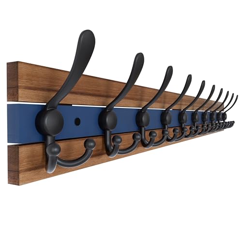 Image of SKOLOO Rustic Wall Mounted Coat Rack - 38-1 /8 inch Long Coat Hooks for Wall with 10 Triple Hooks for Hanging Coats, Hats or Tools, Western National Parks Collection, Wood Brown & Blue