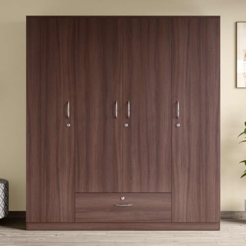 Image of Interio by Godrej Wardrobe EWA 4-Door Engineered Wood Wardrobe for Clothes (Brown), 1-Year Warranty, 8 Shelves, 1 Drawer